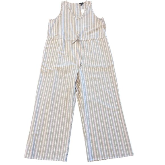 DREW Nwt Striped Cotton Jumpsuit L Tan Pink White Sleeveless Crop Anthropologie - Picture 11 of 12